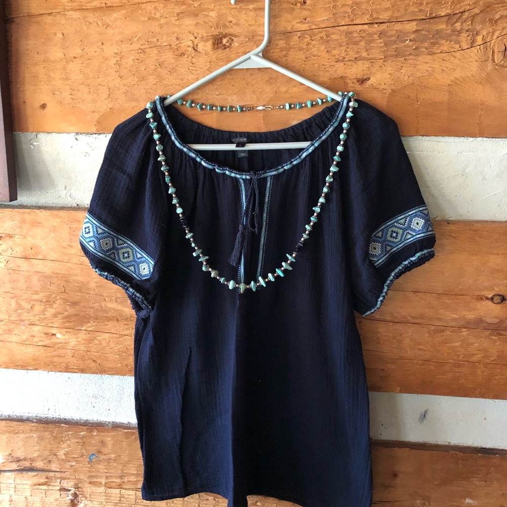 J.Crew S embroidered peasant tunic blouse top navy blue tassels ties cotton